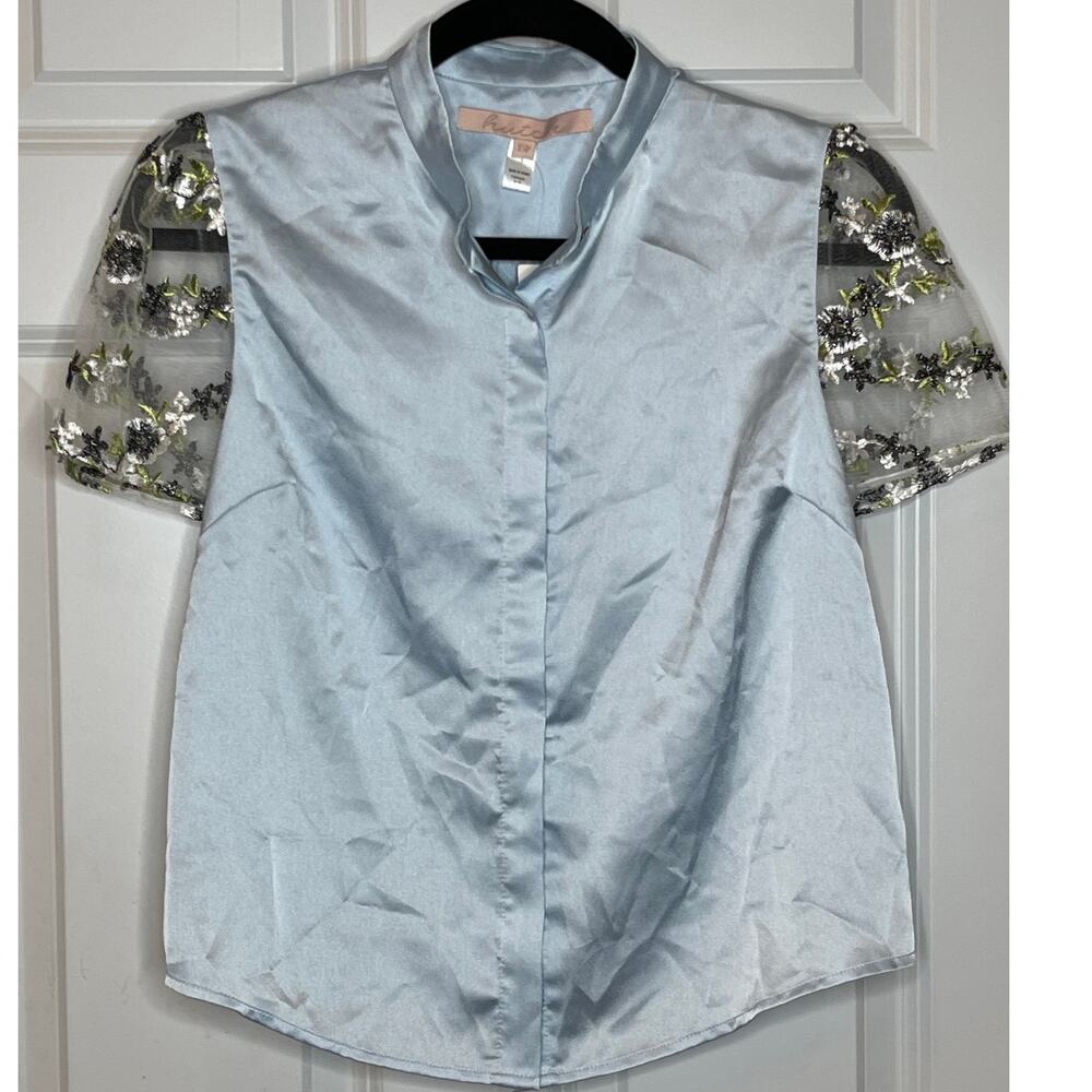 Anthropologie Hutch NEW Blue Satin Hidden Button Shirt XS Petite - Picture 2 of 11